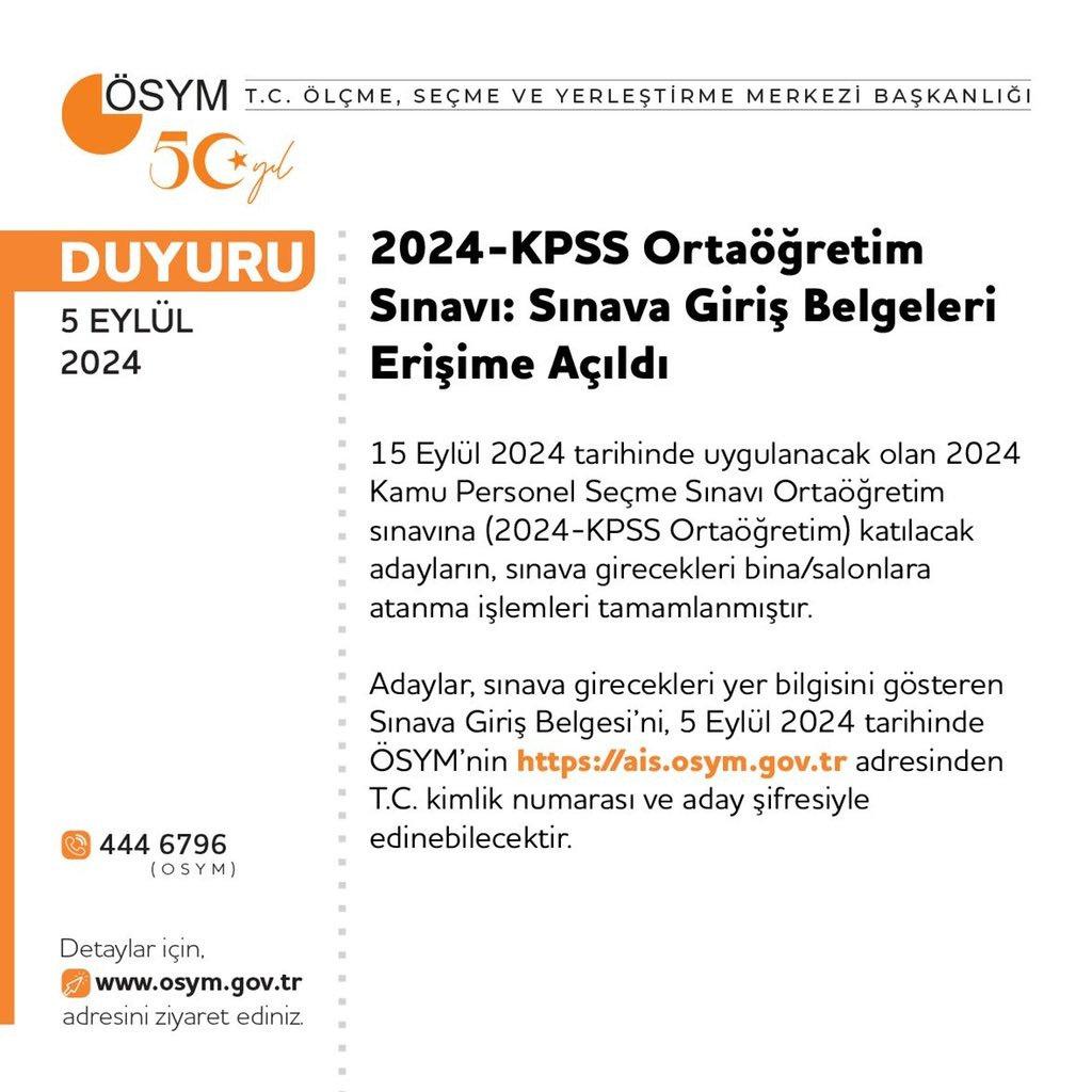 2024 KPSS Ortaöğretim Sınav Giriş Yerleri Açıklandı